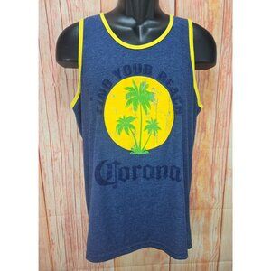 Corona Mens Graphic Tank Top Large Find Your Beach Design Navy Yellow Trim